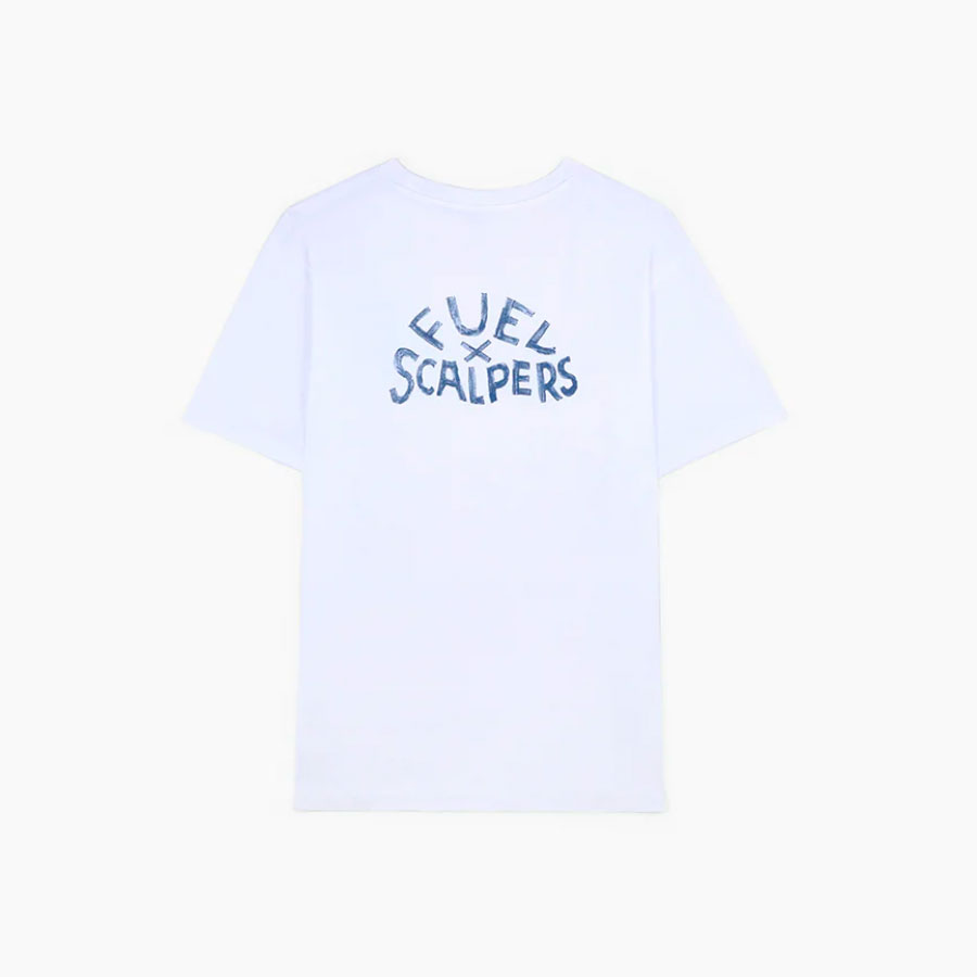 Camiseta Fuel X Scalpers blanca con logo azul